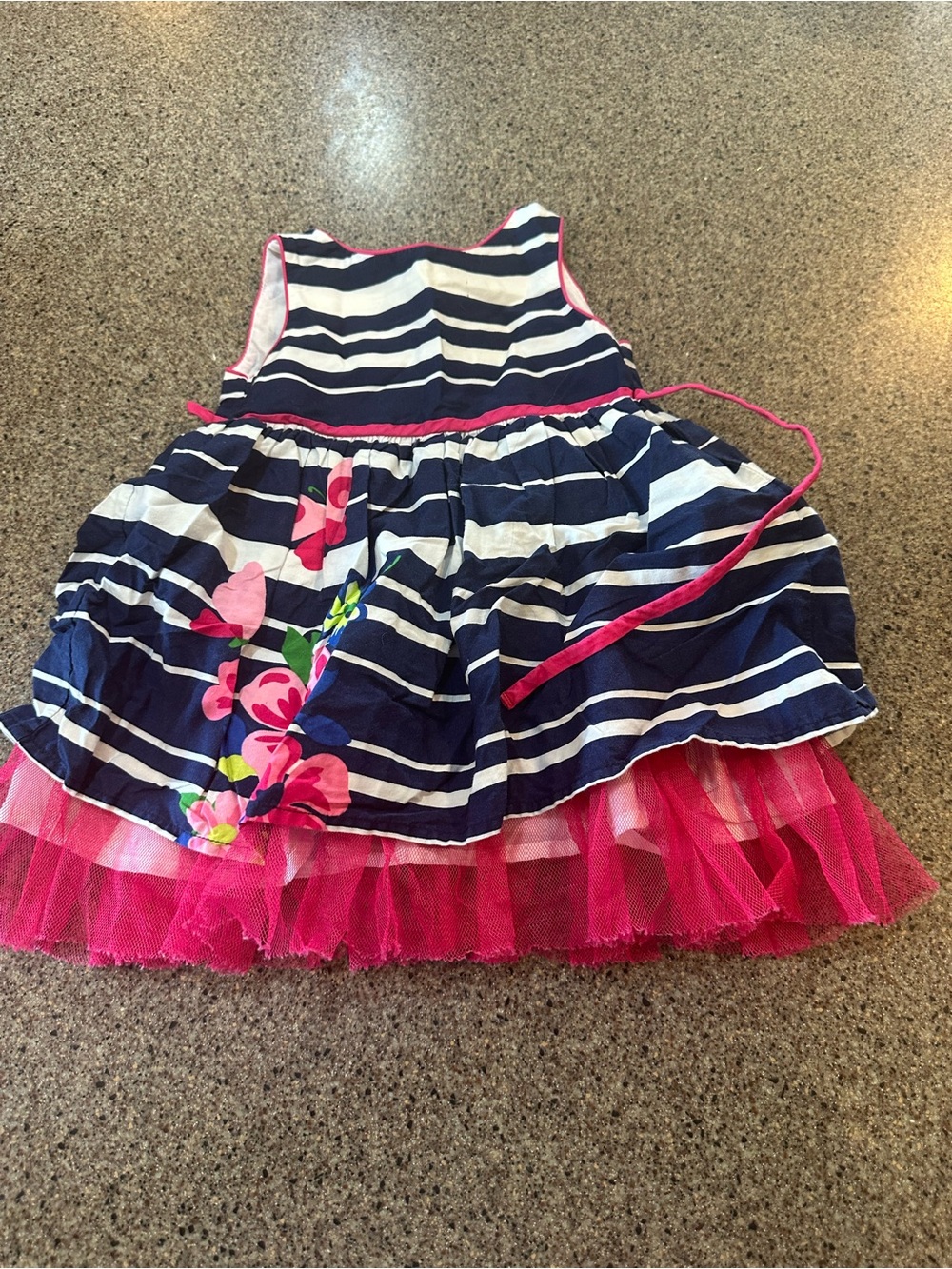 Navy & White Striped Floral Tulle Dress with Hot Pink Trim